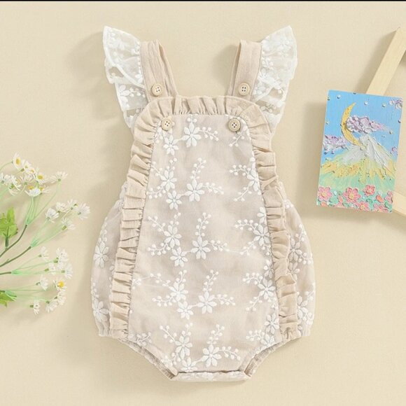 Beige Romper Floral Dress Smash Cake Birthday Outfit Ivory Easter Dress Clothes